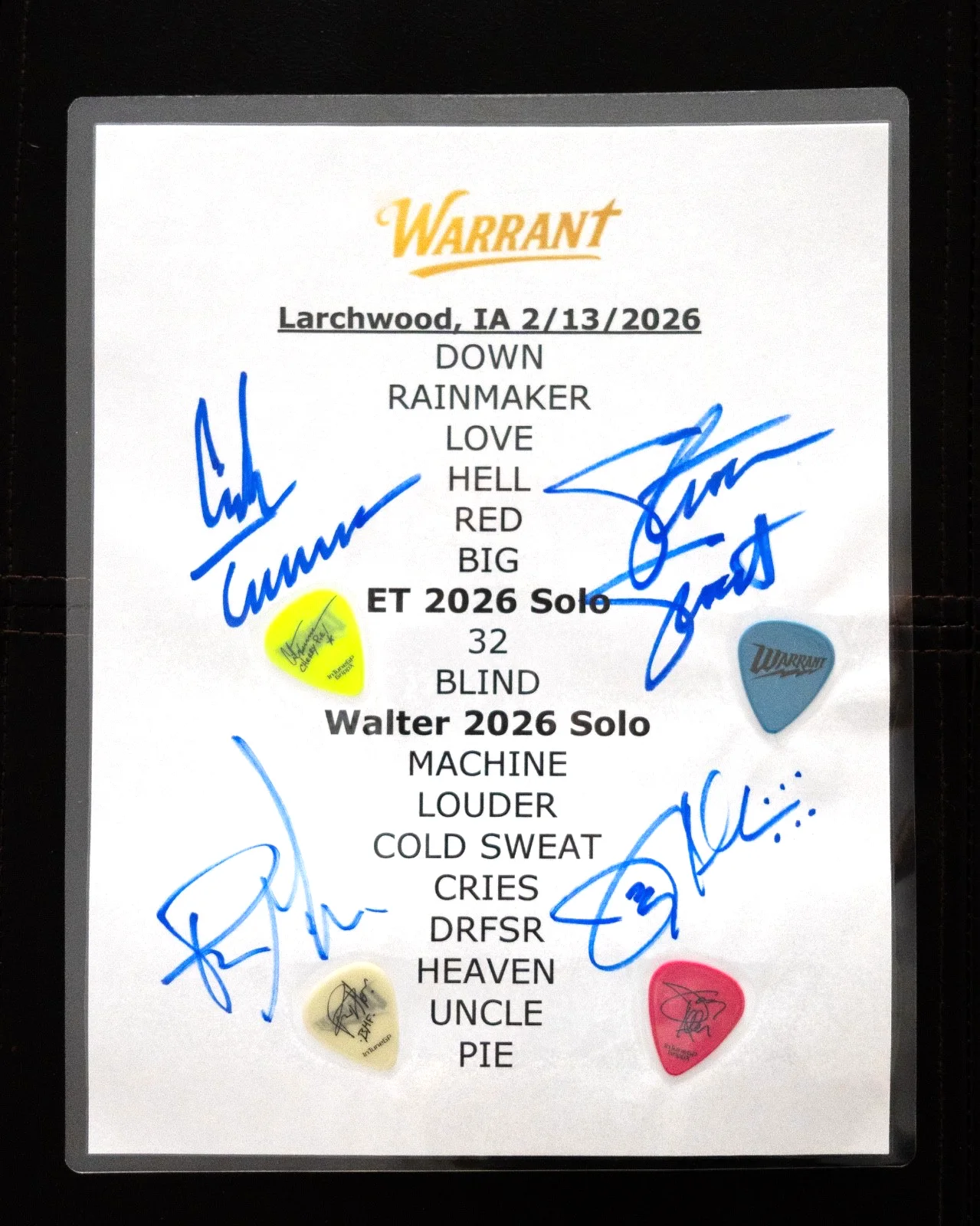 Warrant ** SIGNED** Setlist Larchwood, IA **LAMINATED**, image 2