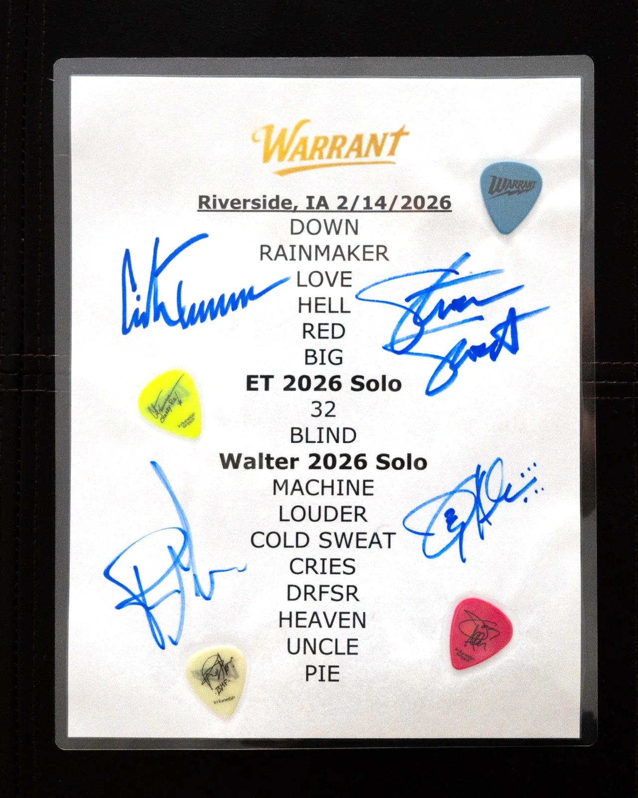 Warrant ** SIGNED** Setlist Riverside, IA **LAMINATED**, image 2
