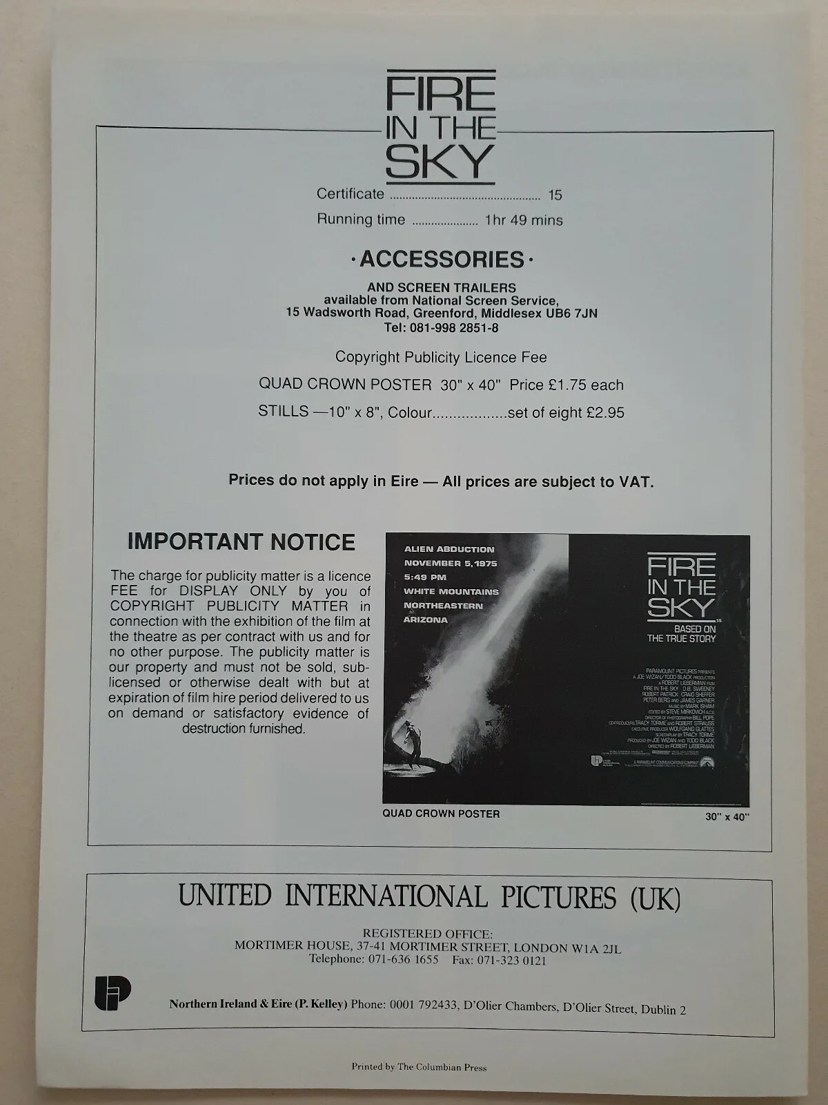FIRE IN THE SKY - ALIEN ABDUCTION - VINTAGE PRESS AD SHEET JAMES GARNER, image 2