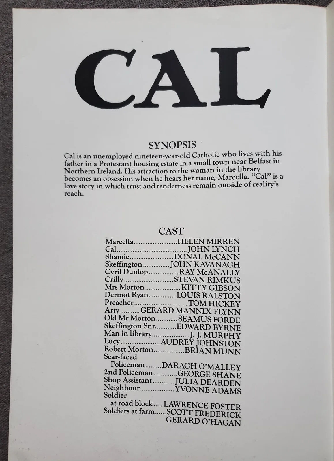 HELEN MIRREN, JOHN LYNCH - CAL - VINTAGE 1984 SYNOPSIS BOOKLET, изображение 2