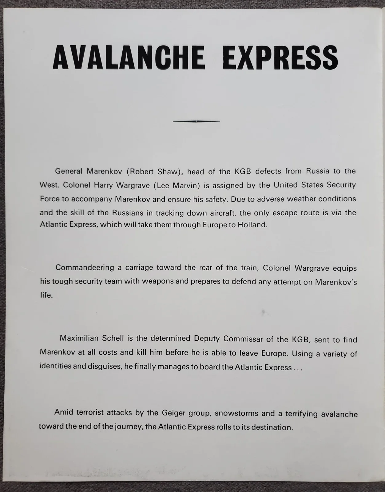 AVALANCHE EXPRESS - VINTAGE ORIGINAL 1979 SYNOPSIS BOOKLET - LEE MARVIN, image 2