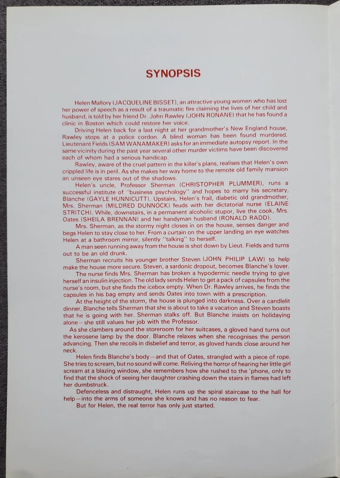 THE SPIRAL STAIRCASE - VINTAGE 1975 SYNOPSIS - JACQUELINE BISSET, CHRIS PLUMMER, изображение 2