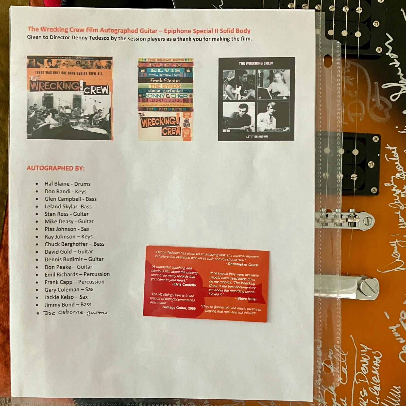 The Wrecking Crew Film signed epiphone special II electric guitar COLLECTOR COA, изображение 3