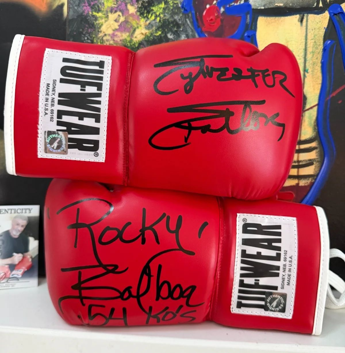 Sylvester Stallone — Sylvester Stallone Rocky Balboa Autographed Tuf Wear Boxing Gloves ASI Proof