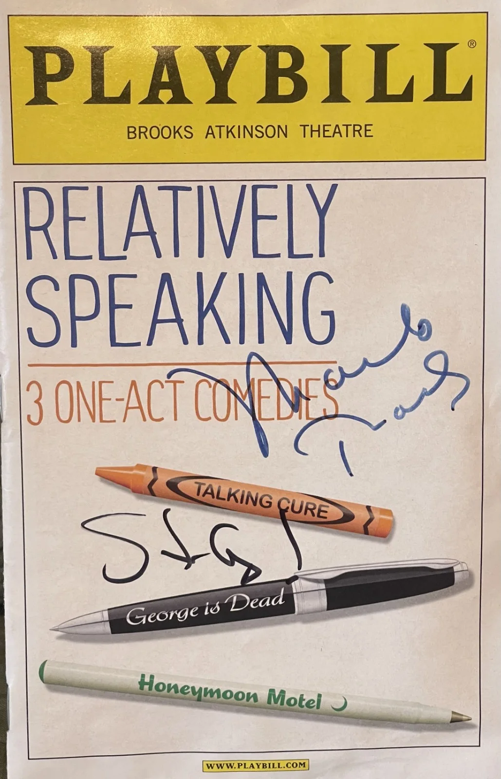 Steve Guttenberg & Marlo Thomas — "Relatively Speaking" Opening Night Broadway Playbill signed Thomas & Guttenberg