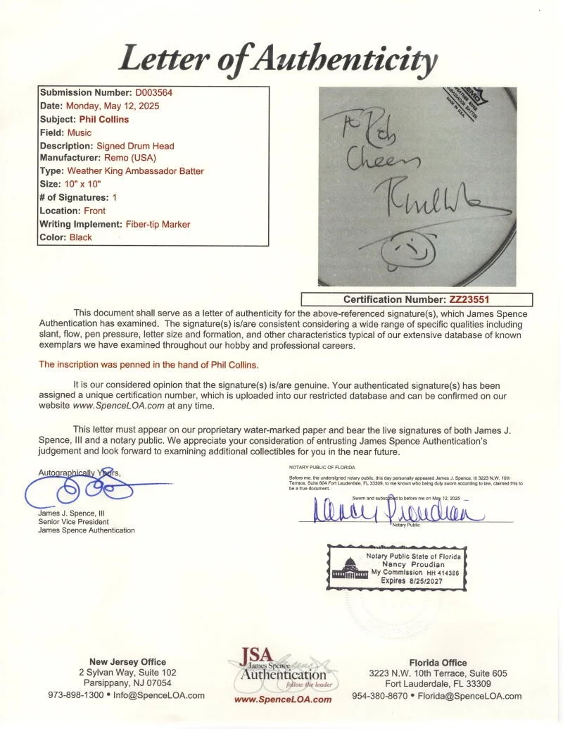 Phil Collins — Phil Collins Genesis Signed Autograph Drumhead w/ Original Art Sketch - JSA COA, image 3