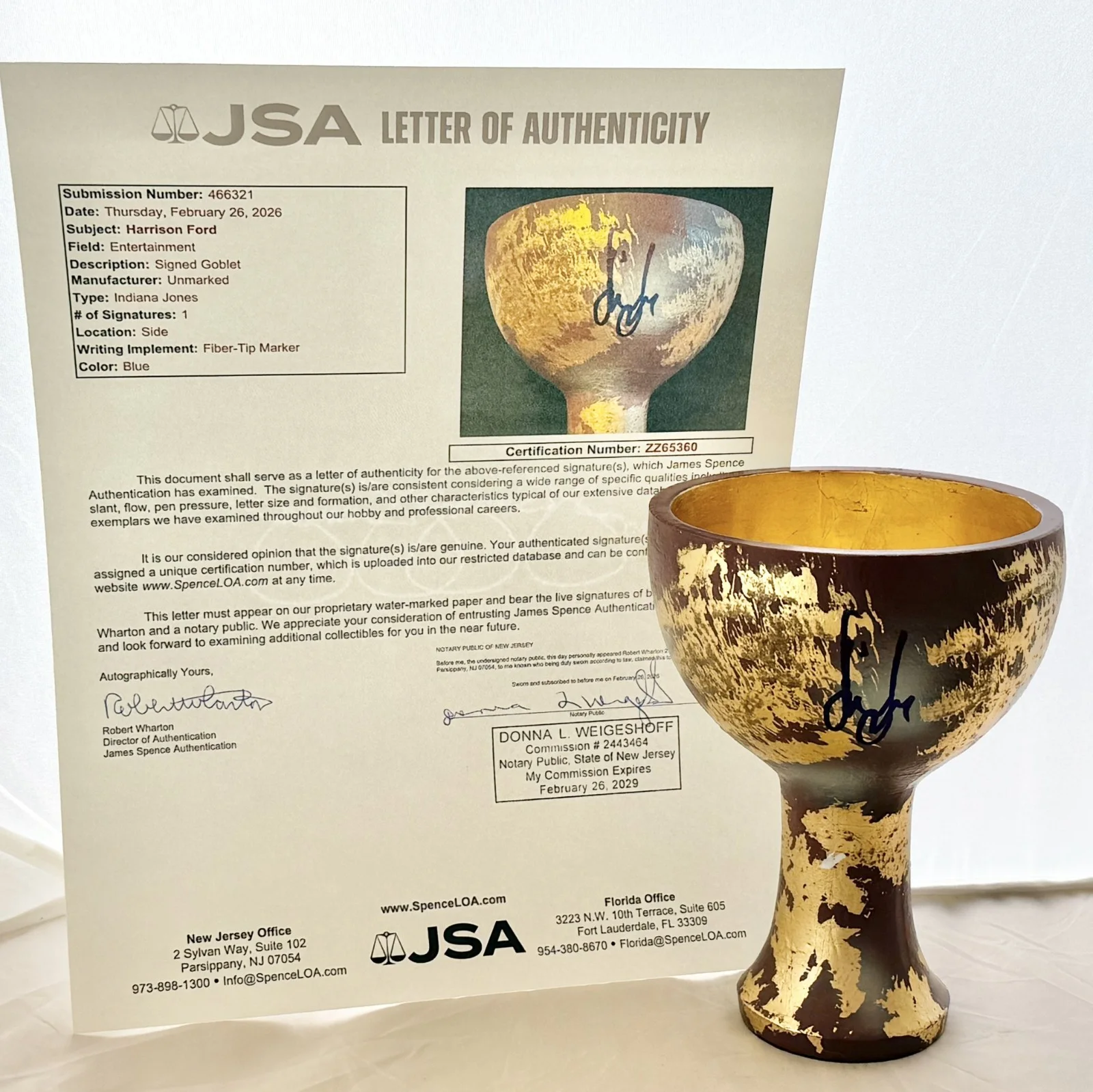 Harrison Ford — Harrison Ford signed Indiana Jones Holy Grail and The Last Crusade Cup JSA LOA