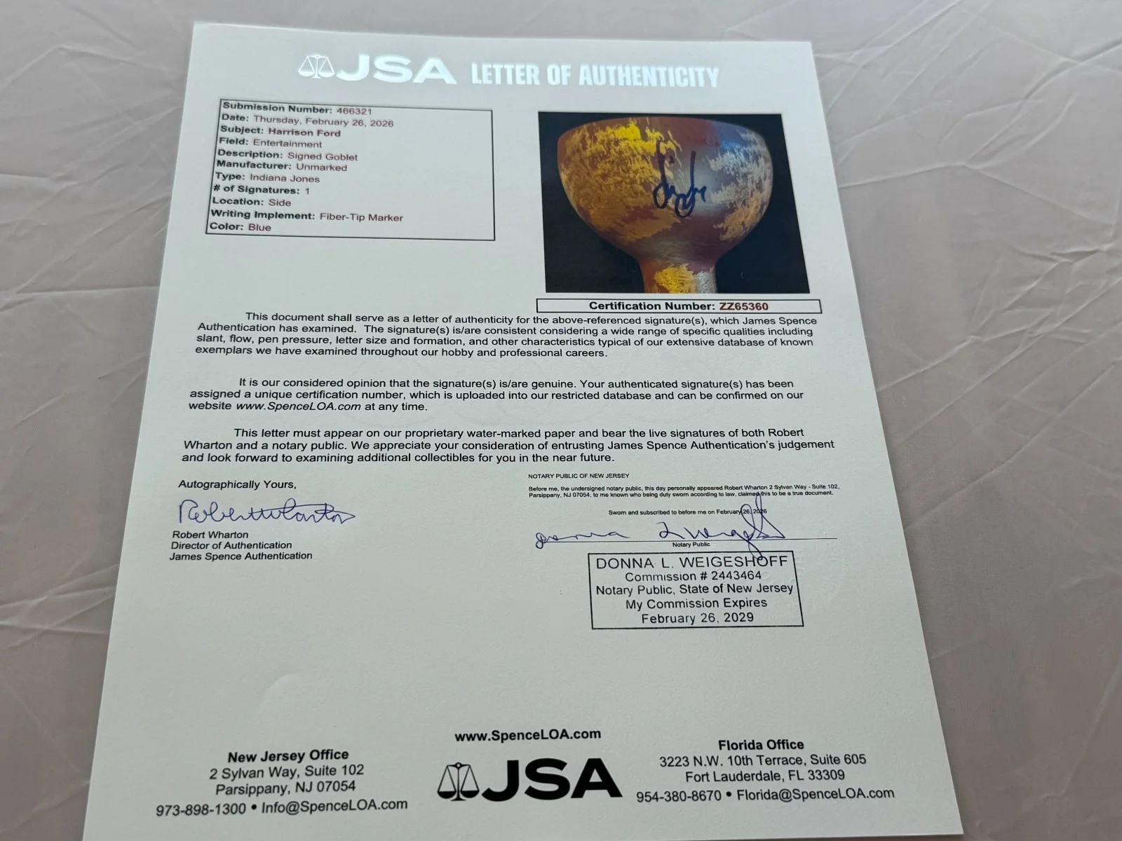 Harrison Ford — Harrison Ford signed Indiana Jones Holy Grail and The Last Crusade Cup JSA LOA, image 5