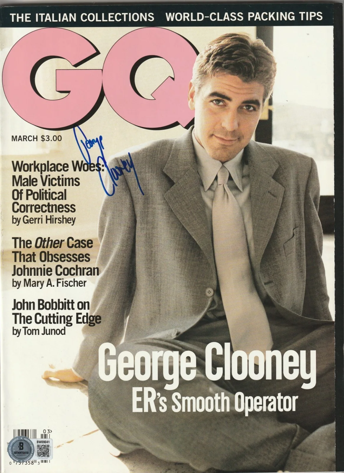 GEORGE CLOONEY — GEORGE CLOONEY Signed Mar 1992 GQ Magazine (NO Label) Beckett (BAS) VINTAGE SIG!