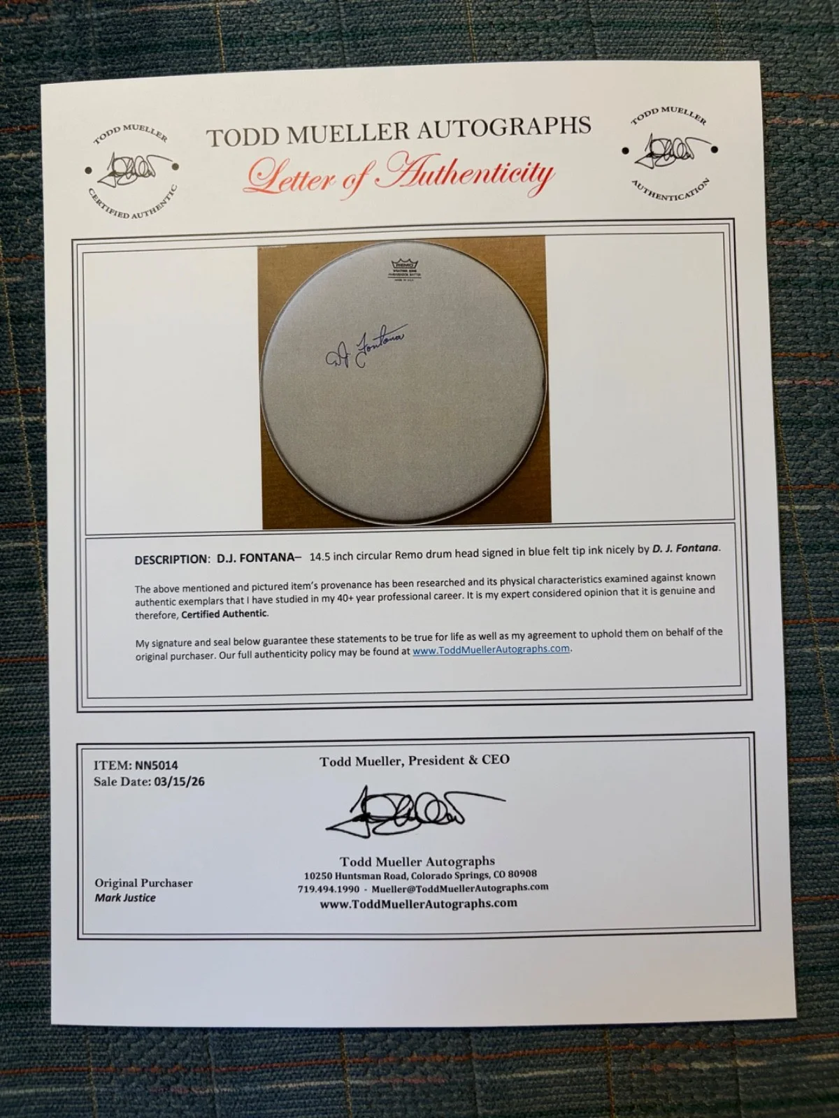 D.J. Fontana Autographed 14.5 inch Drum Drumhead Elvis Presley Drummer, изображение 5