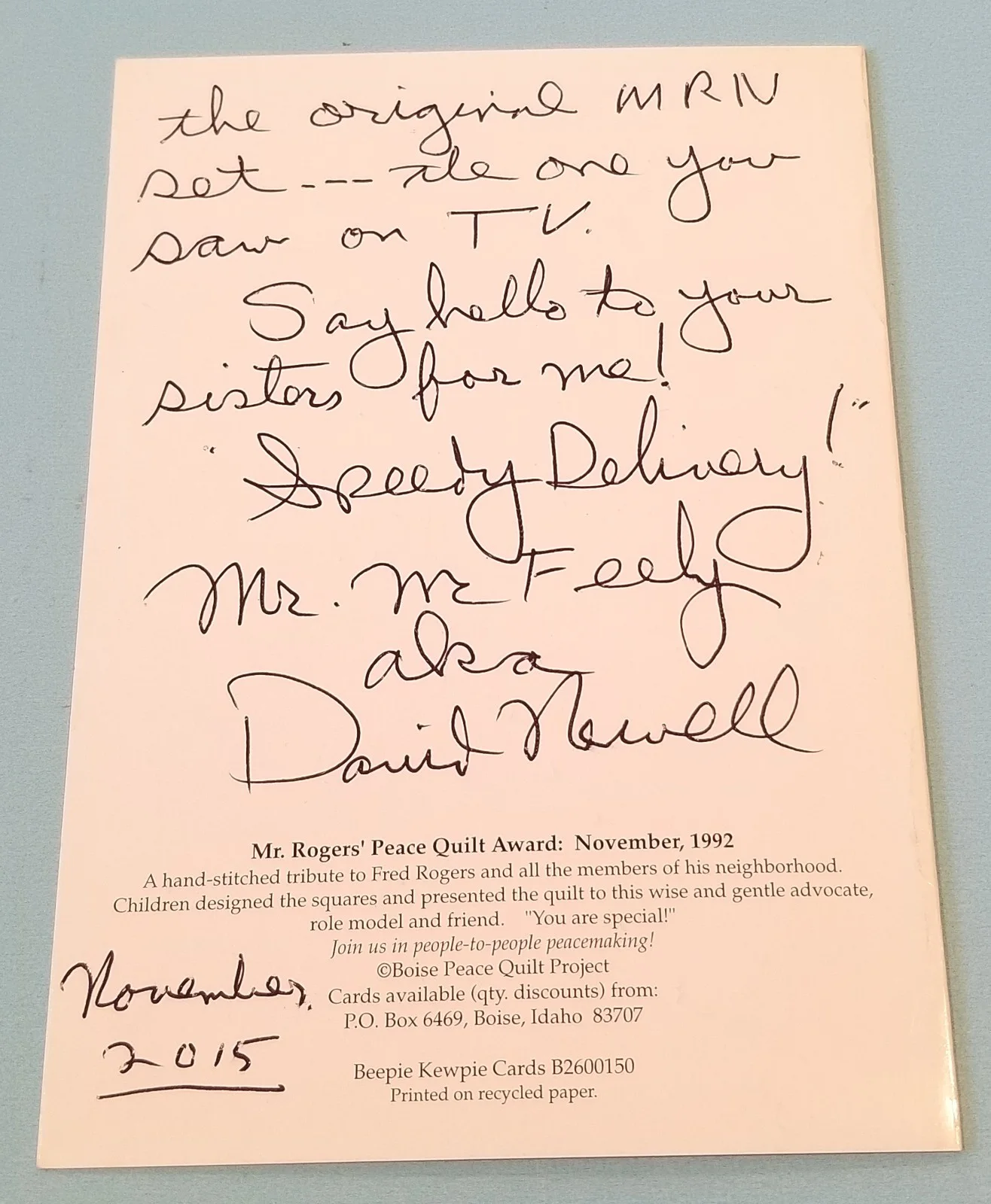 Mr. McFeely — David Newell Mr. McFeely Signed Written Card Mister Rogers Neighborhood Rare, изображение 3