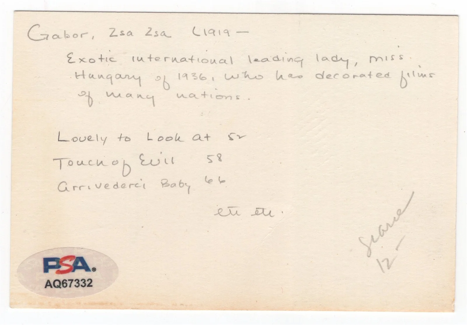 ZSA ZSA GABOR — ZSA ZSA GABOR Signed Index Card PSA/DNA Actress, image 2