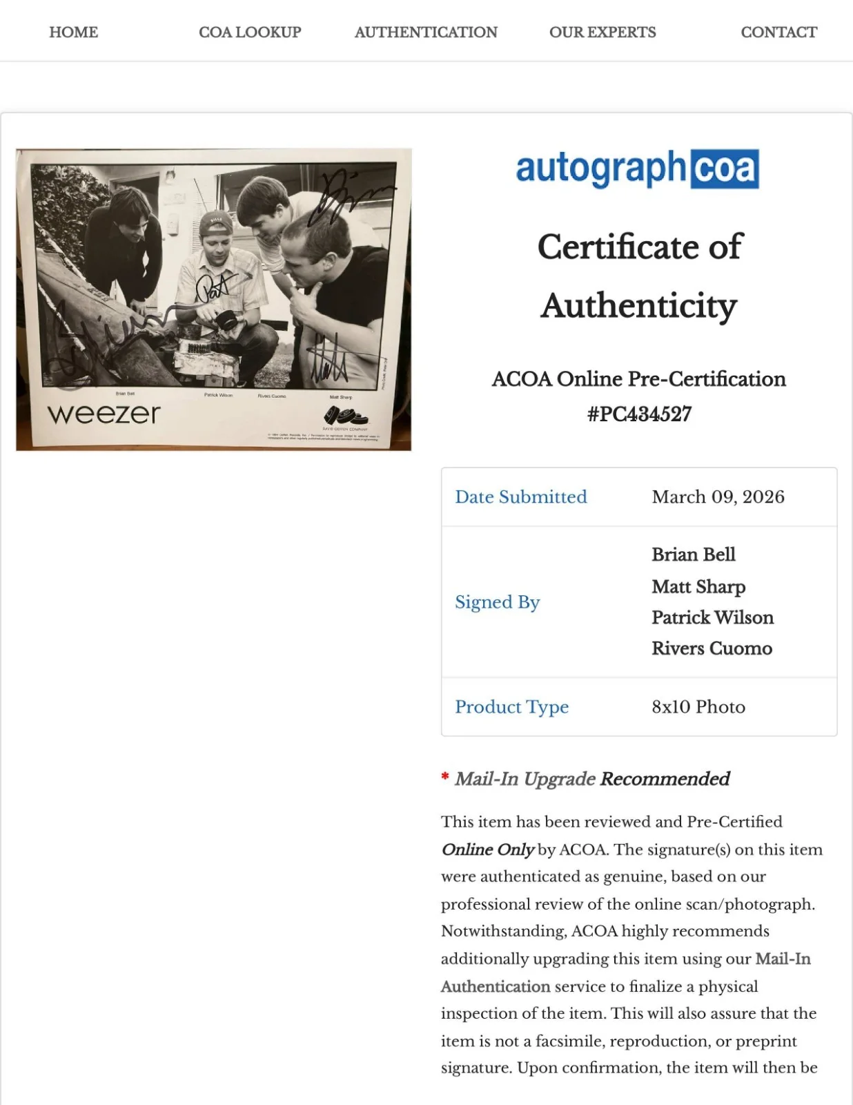 Weezer Signed 1994 8x10 Promo Photo Autographed Blue Album including Matt Sharp, изображение 2