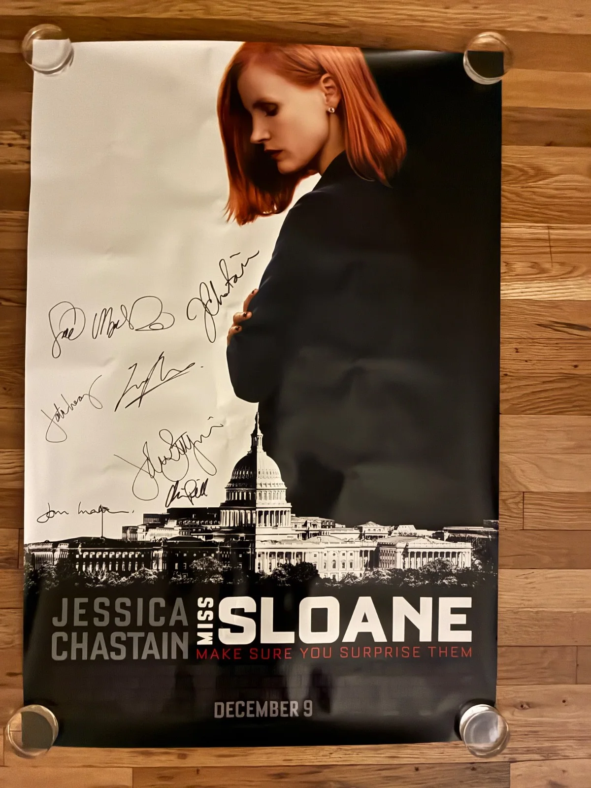 Jessica Chastain, John Lithgow and cast — MISS SLOANE Cast Signed Poster Jessica Chastain John Lithgow Mark Strong 27x41
