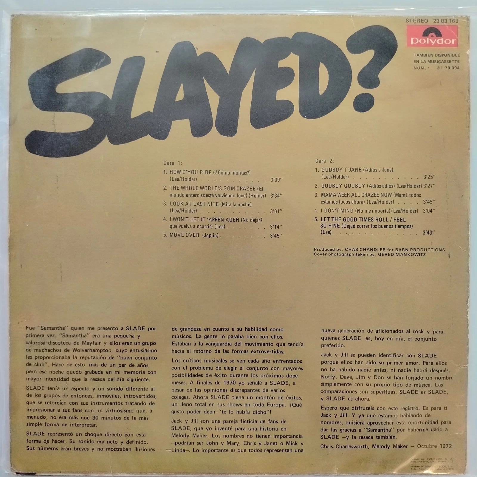 Slade Band Members Signed "Slayed?" Album Cover + COA, image 2