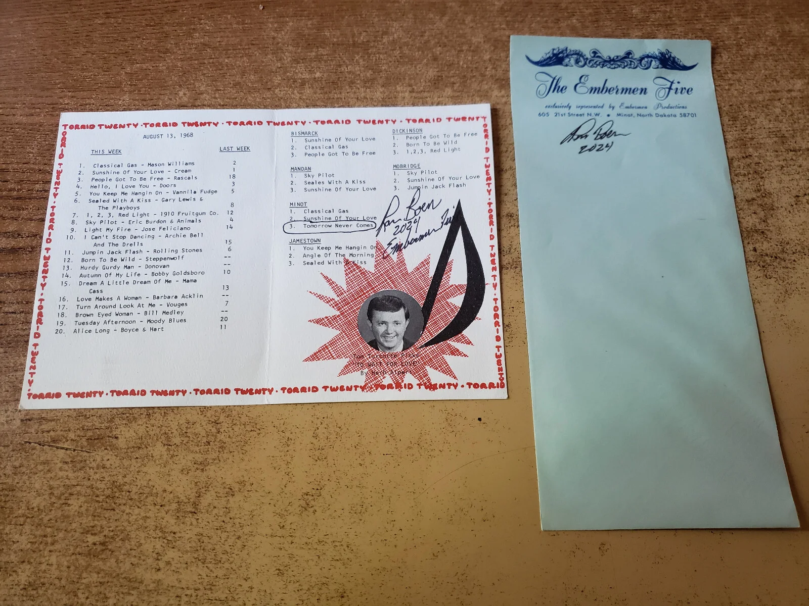 RON BOEN SIGNED 45 & SLEEVE & 1968 EXCELLENT EMBERMEN FIVE-TOP 20 FLYER/ENVELOPE, image 5