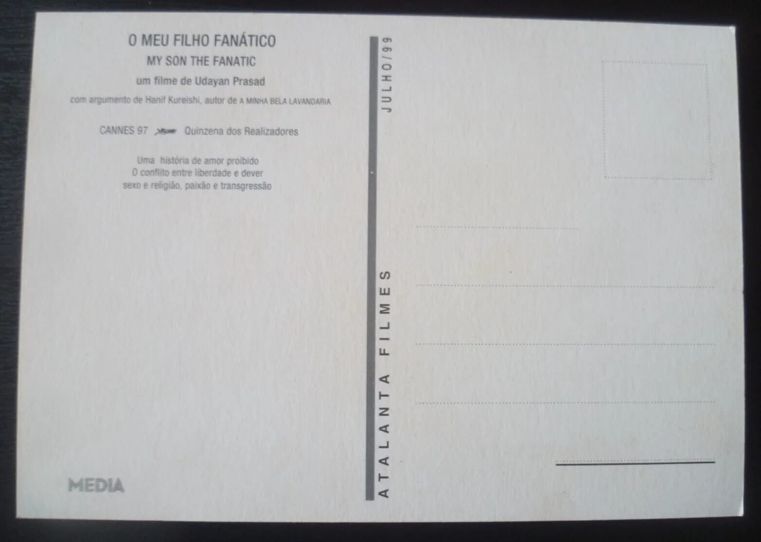 MY SON THE FANATIC Udayan Prasad FILM POSTCARD PORTUGAL Om Puri Rachel Griffiths, изображение 2