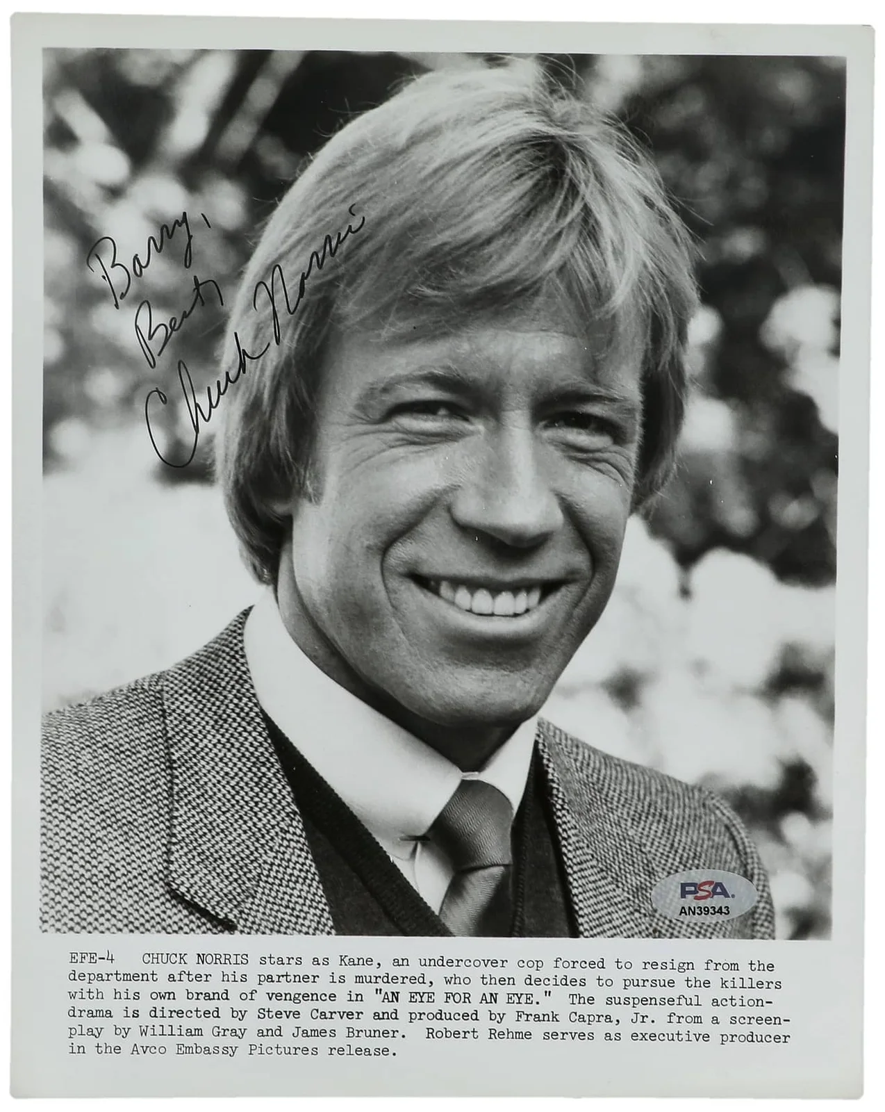 Chuck Norris — Chuck Norris Signed Autograph Inscribed 8x10 Vintage Photo An Eye for an Eye PSA, изображение 2