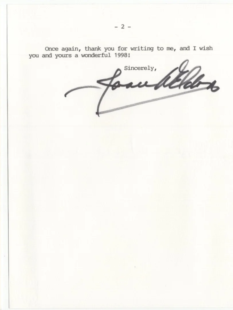 Joan Weldon Signed Letter 1998 / Autographed Actress THEM, image 2
