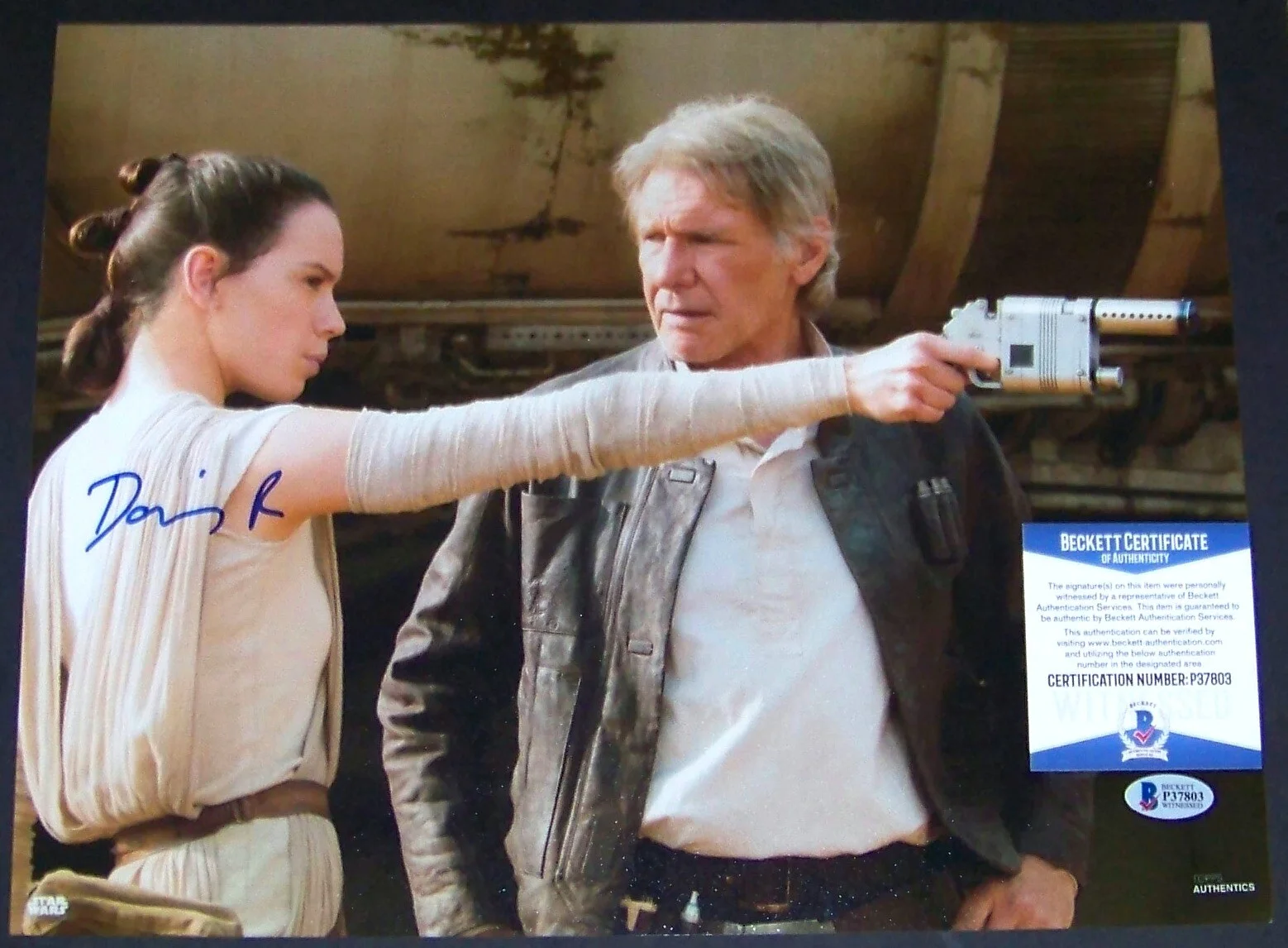 Daisy Ridley — Daisy Ridley with Harrison Ford Signed 11x14 Photo BAS BECKETT WITNESSED COA!