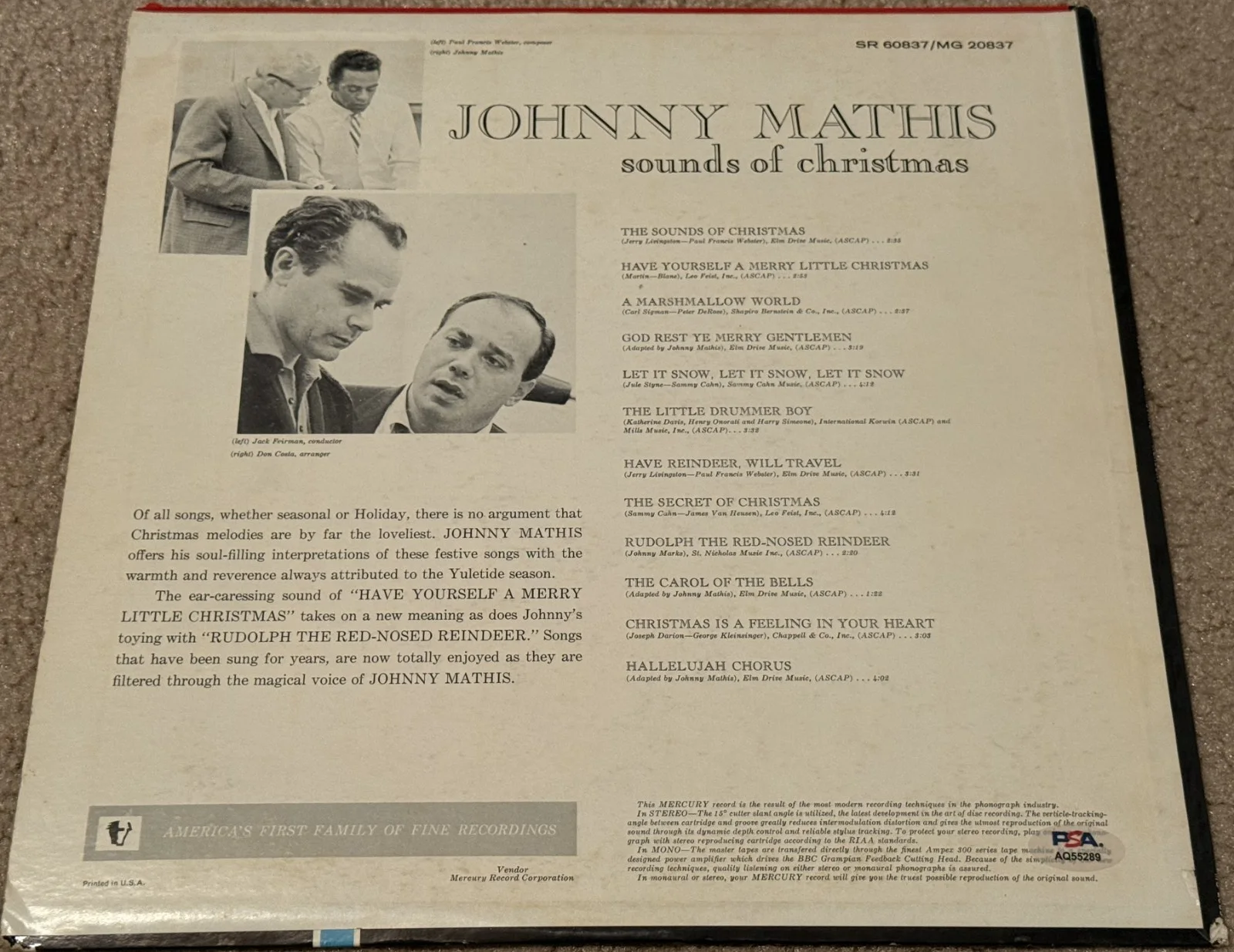 JOHNNY MATHIS SIGNED SOUNDS OF CHRISTMAS VINYL LP PSA/DNA, изображение 2