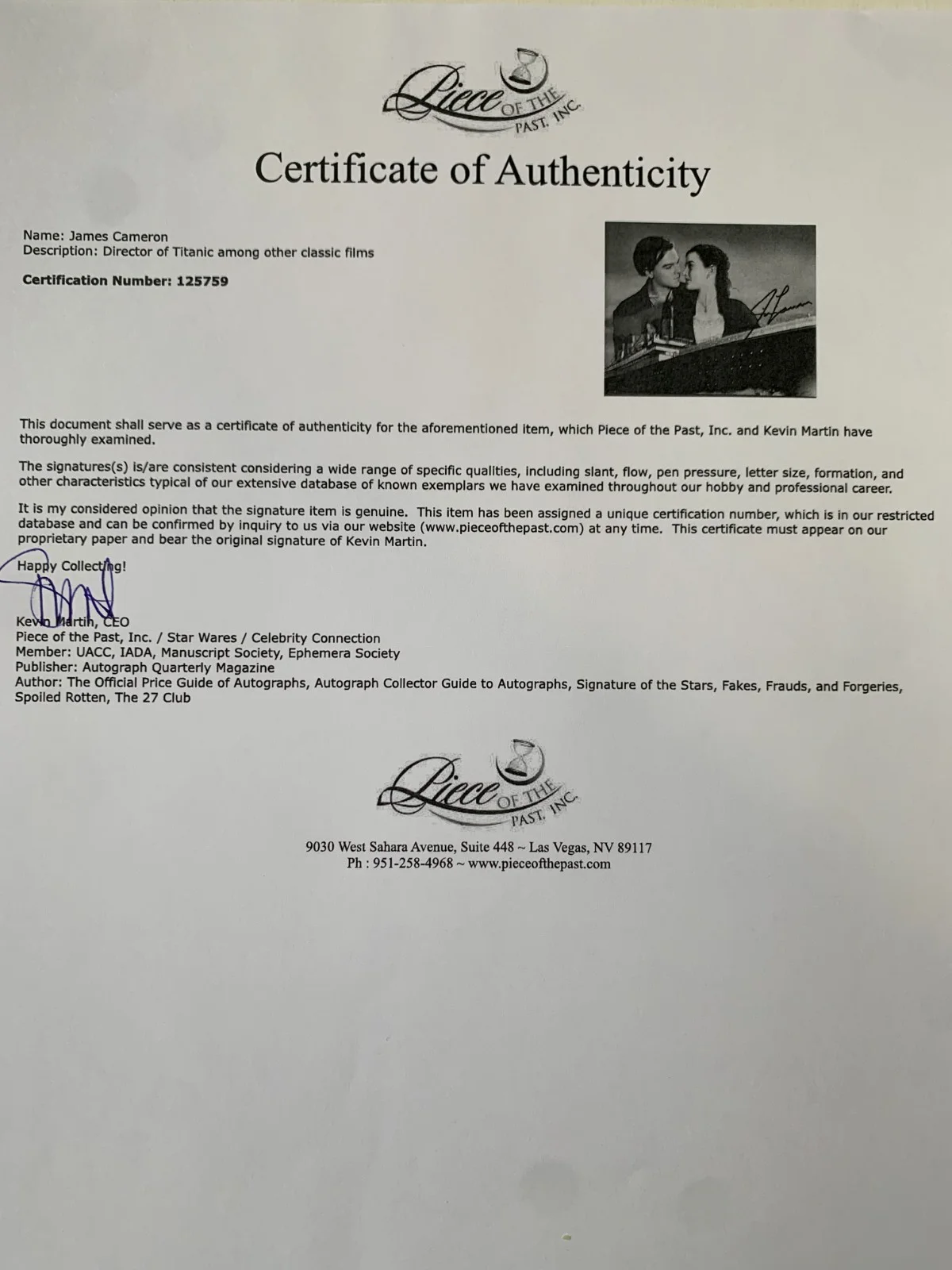 James Cameron — Director JAMES CAMERON signed TITANIC movie photo, with COA, 8x10, изображение 5