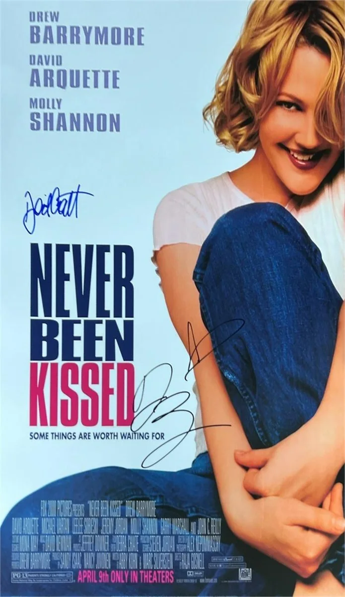 Drew Barrymore and David Arquette — Never Been Kissed Poster Original Autographs Drew Barrymore,