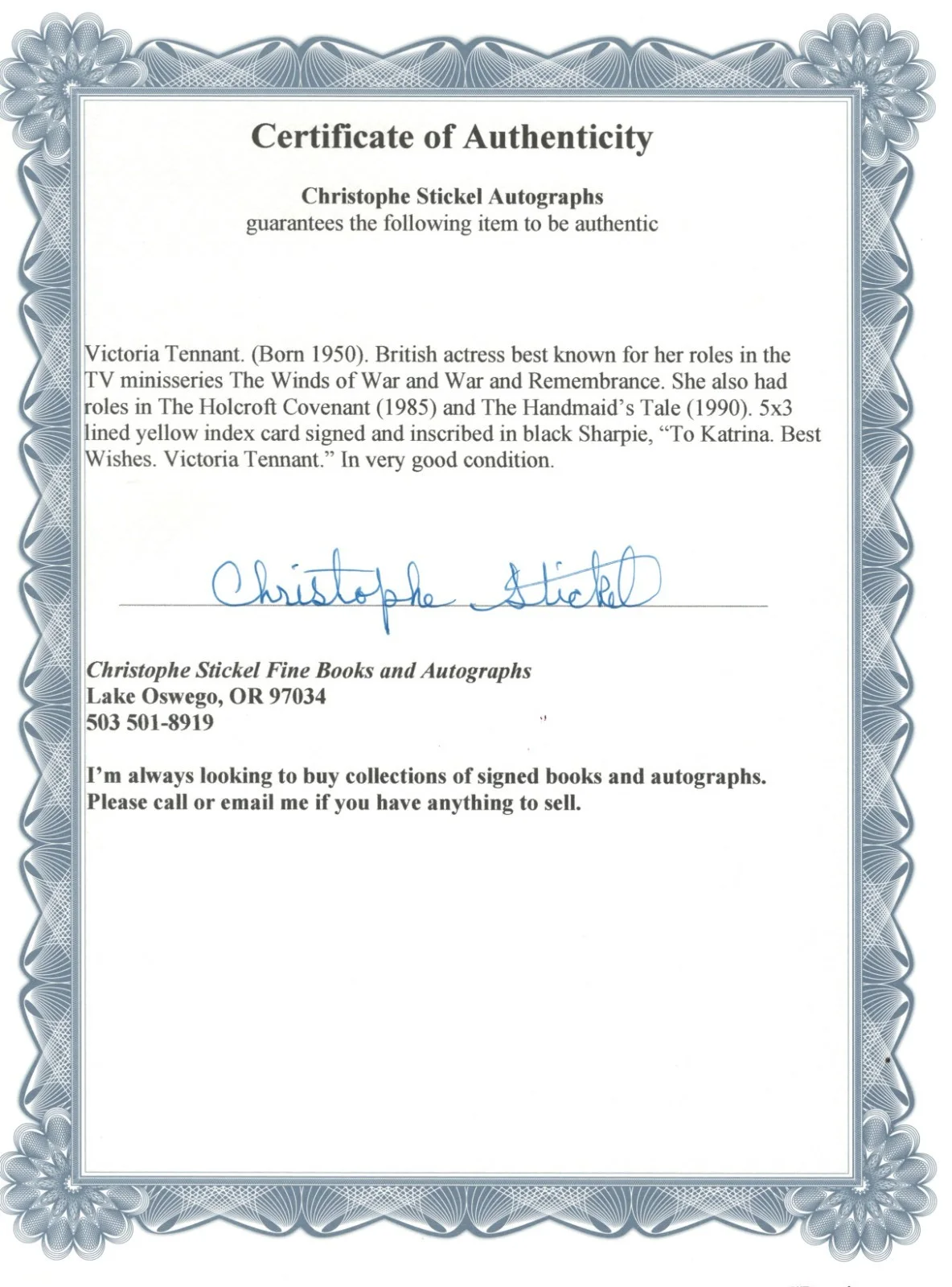 Victoria Tennant. War and Remembrance actress. Signed 5x3 lined card. COA, изображение 2
