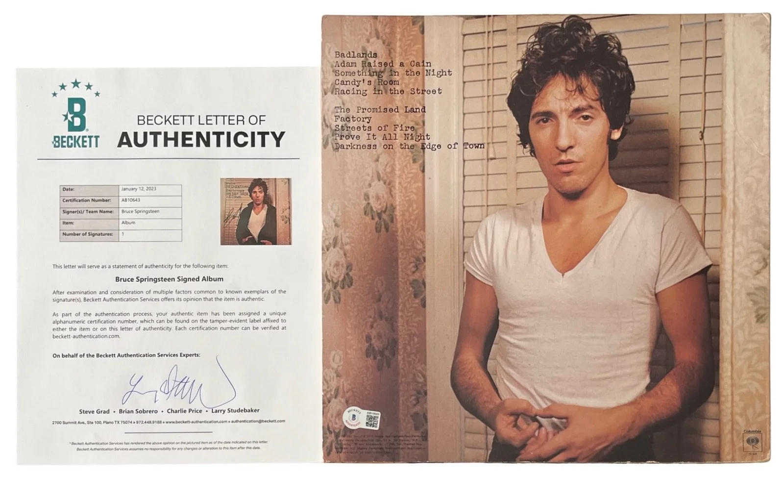Bruce Springsteen Signed Darkness On The Edge Of Town Vinyl Record Beckett LOA, изображение 2