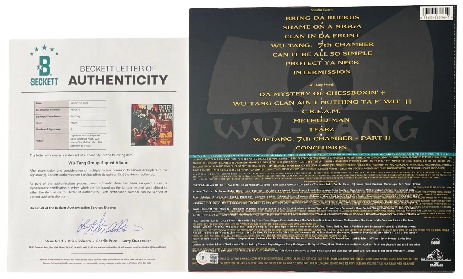 Wu-Tang Clan x8 Ghostface Method Man RZA Signed 36 Chambers Vinyl Record Beckett, изображение 2