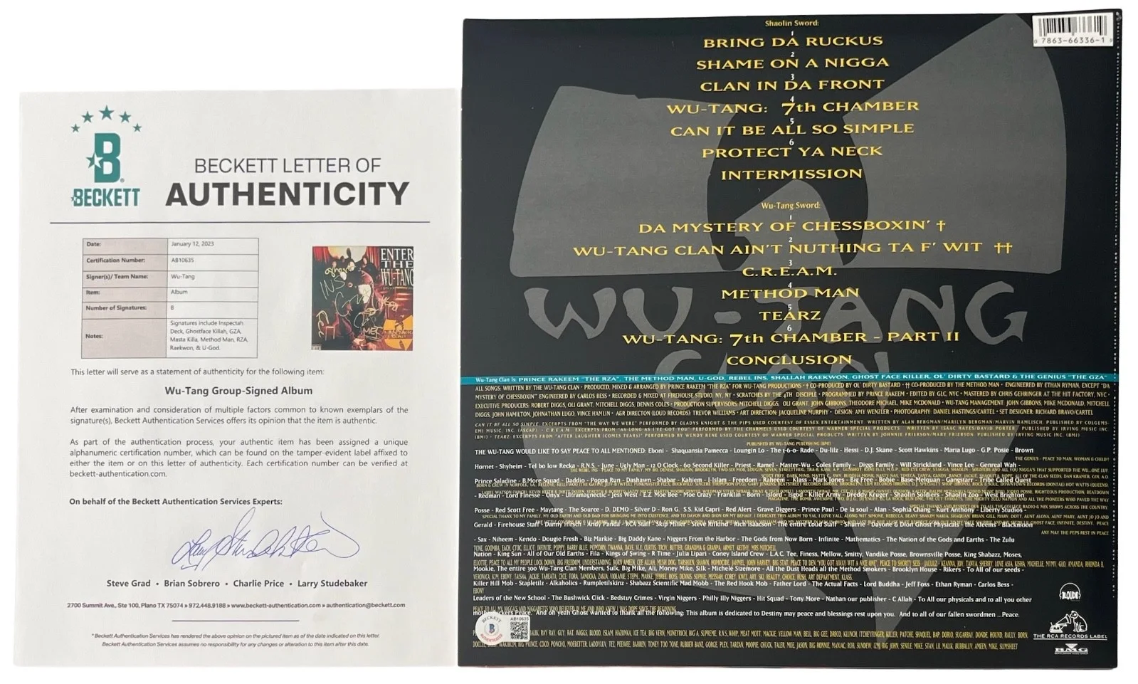 Wu-Tang Clan x8 Ghostface Method Man RZA Signed 36 Chambers Vinyl Record Beckett, image 2