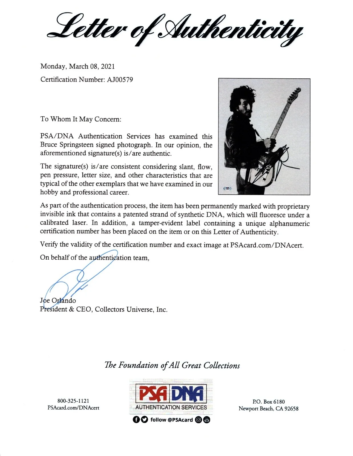 Bruce Springsteen Signed 11x14 Photo ('Born To Run' Photoshoot) PSA LOA AJ00579, изображение 2
