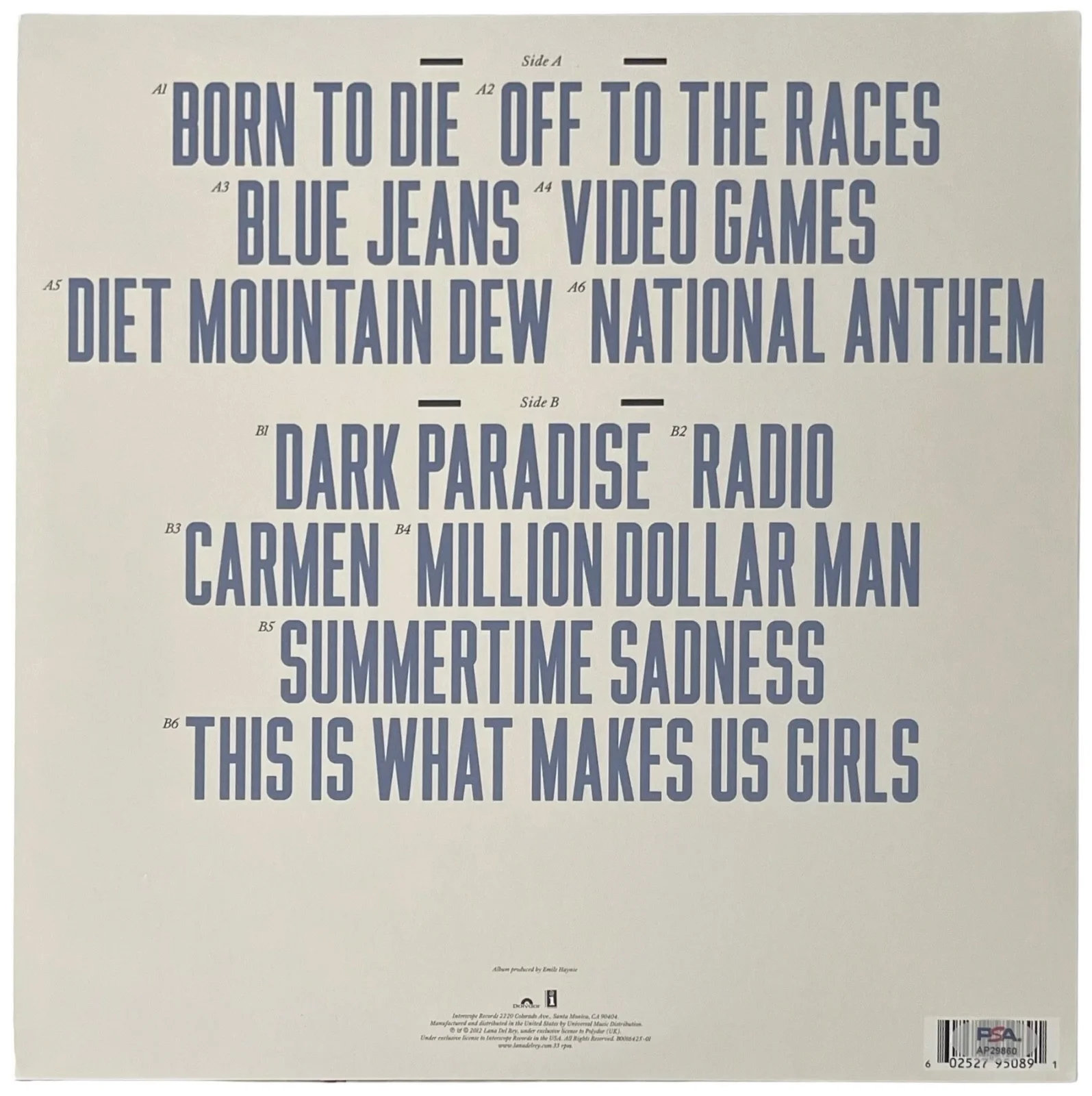 Lana Del Rey Signed Born To Die Vinyl Record PSA AP29860, image 2