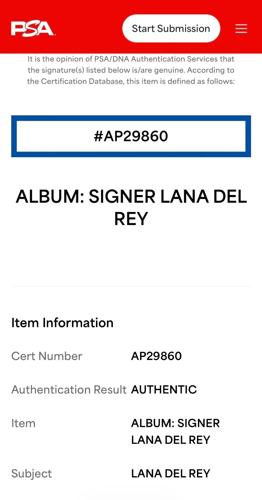 Lana Del Rey Signed Born To Die Vinyl Record PSA AP29860, image 3