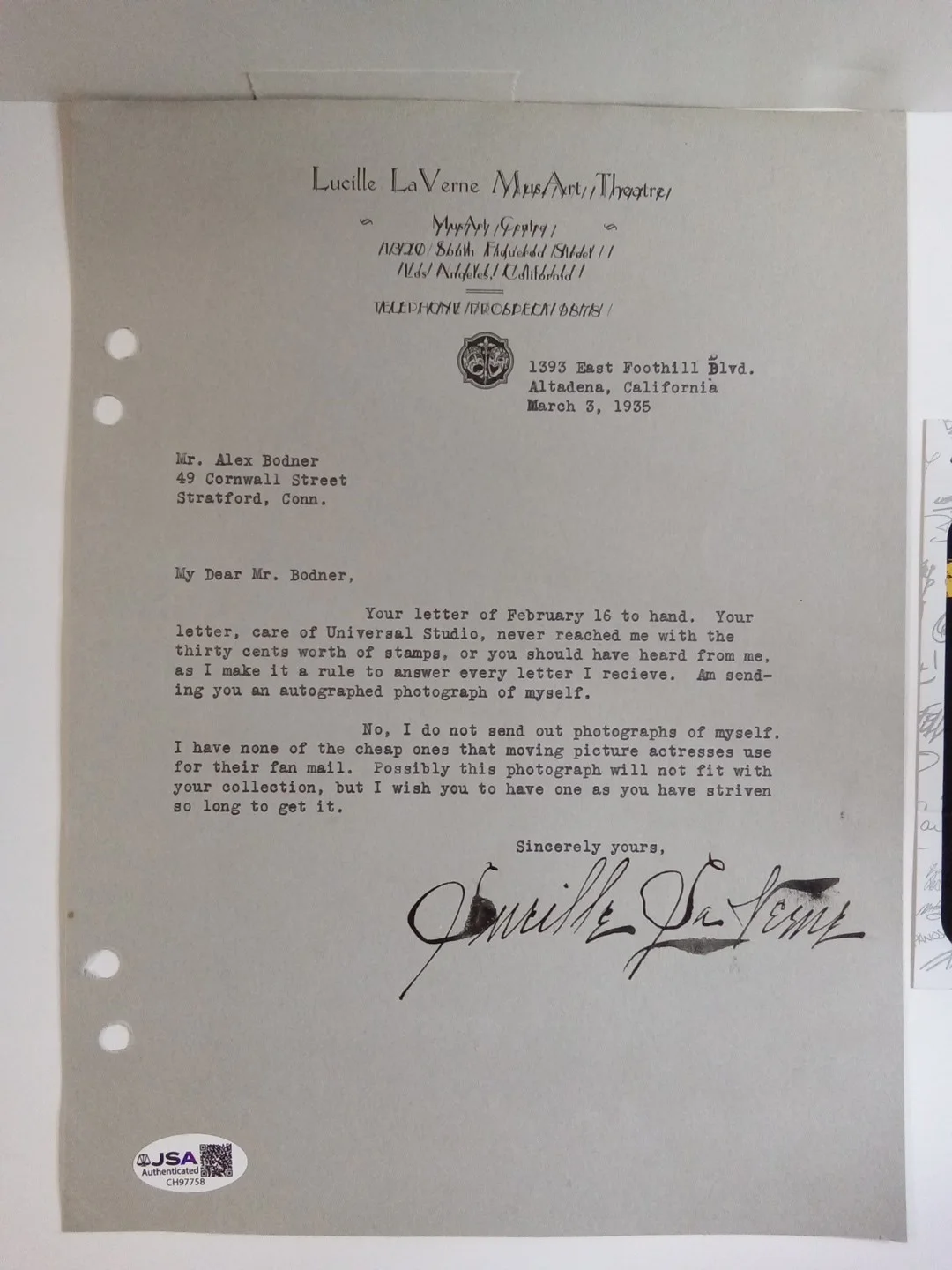 Lucille LaVerne Signed Letterhead JSA Snow White Evil Queen Old Hag Voice, изображение 2