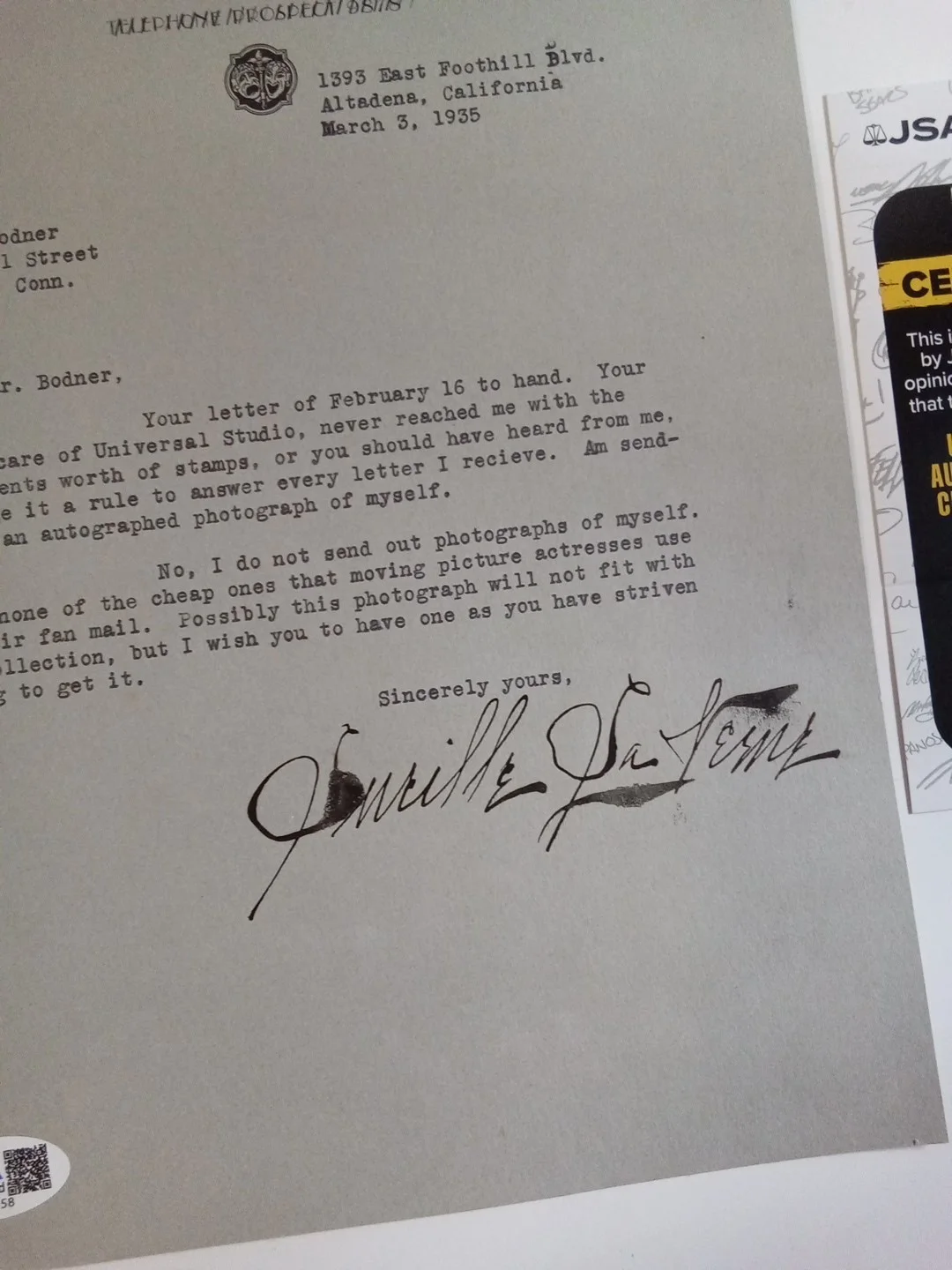 Lucille LaVerne Signed Letterhead JSA Snow White Evil Queen Old Hag Voice, изображение 3