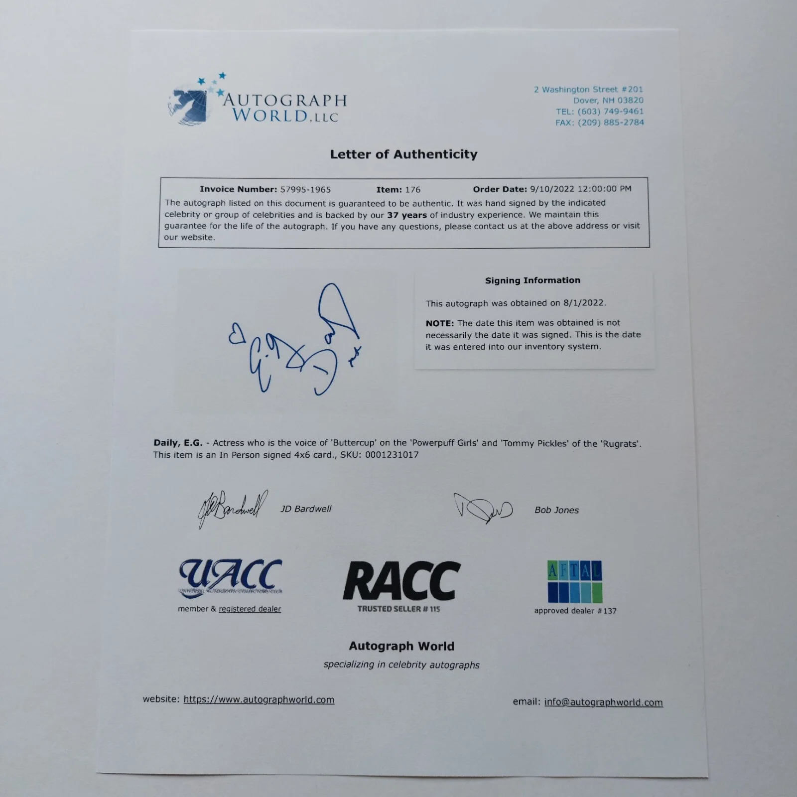E. G. Daily — E. G. Daily Signed 4x6 Index Card COA (Pee-Wee's , Rugrats, Powerpuff Girls), изображение 4