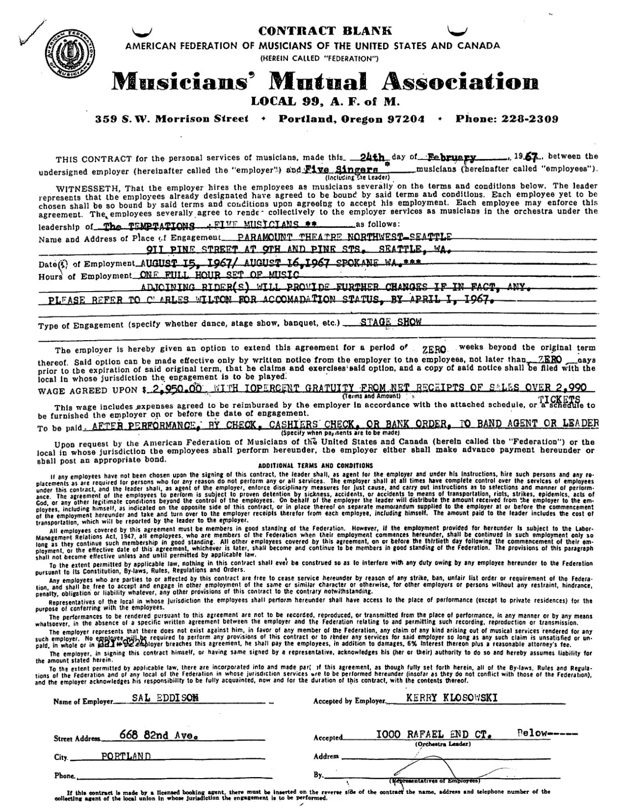 Temptations Music Contract Signed 5 Ruffin Franklin Kendrick Williams Williams, image 2