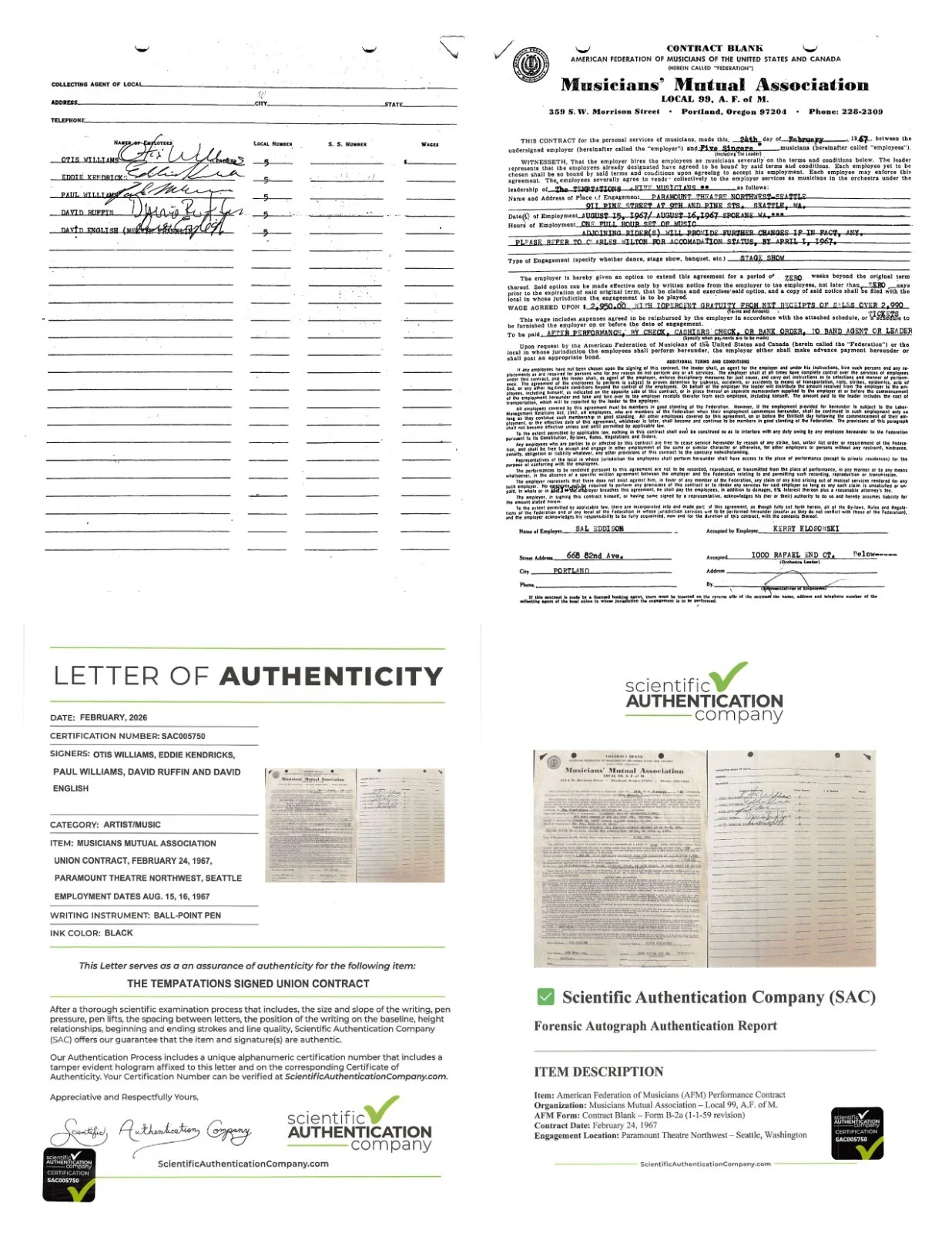 Temptations Music Contract Signed 5 Ruffin Franklin Kendrick Williams Williams, image 3