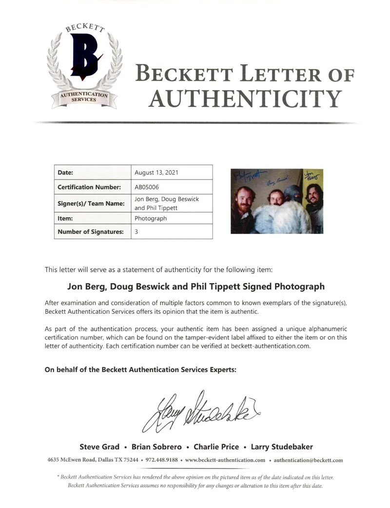 TIPPETT BESWICK BERG SIGNED 11x14 PHOTO ILM SFX LEGENDS STAR WARS BECKETT BAS, изображение 5
