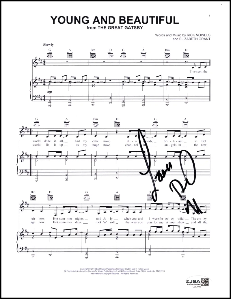 Lana Del Rey — Lana Del Rey Signed Autograph Young and Beautiful Sheet Music w/ JSA COA