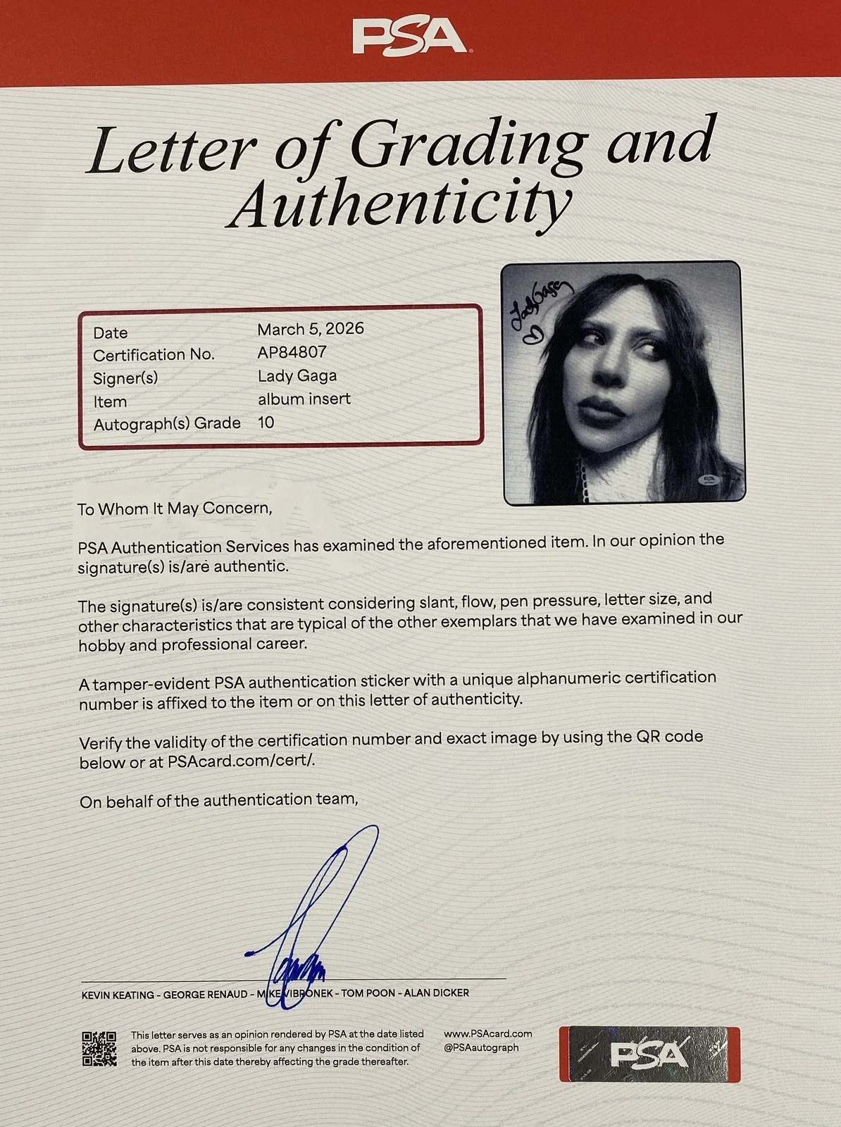 Lady Gaga Signed 11x11 Album Insert – PSA Gem Mint 10, image 3
