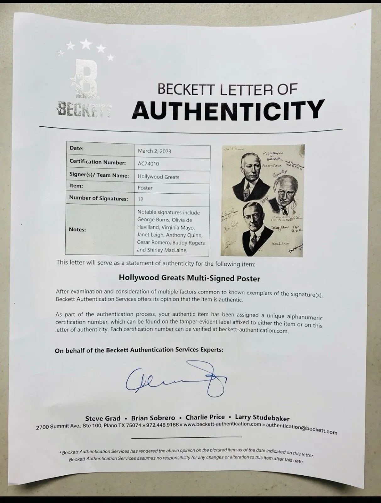 BAS COA LOA 12X SIGNED Hollywood Greats Burns Romero Leigh Maclaine 24x30 Canvas, изображение 2