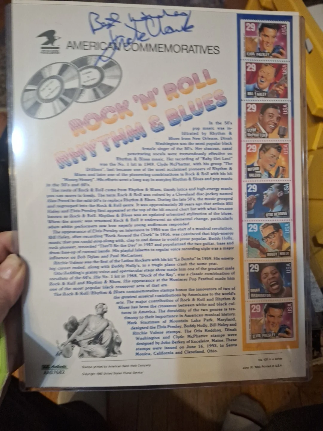 Dick Clark — Dick Clark Signed 1993 USPS Rock 'N' Roll Rhythem & Blues 8 Stamp Sheet SGC COA