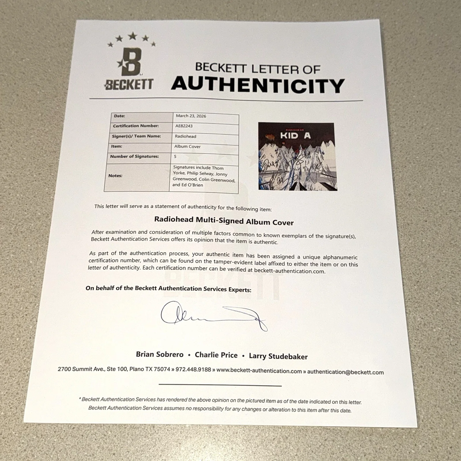 RADIOHEAD BAND GROUP signed autographed KID A THOM YORKE+4 VINYL BECKETT BAS COA, image 2