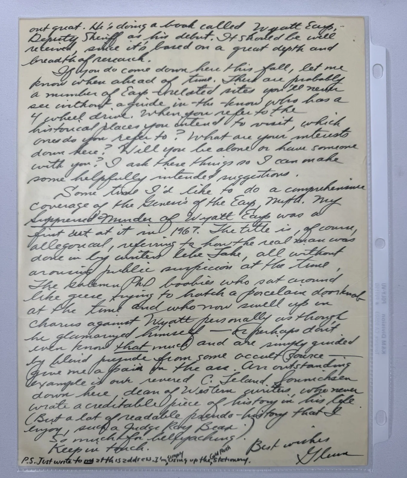 VINTAGE GLENN BOYER SIGNED LETTER X3 I MARRIED WYATT EARP WILLIAM S HART 1981, image 5