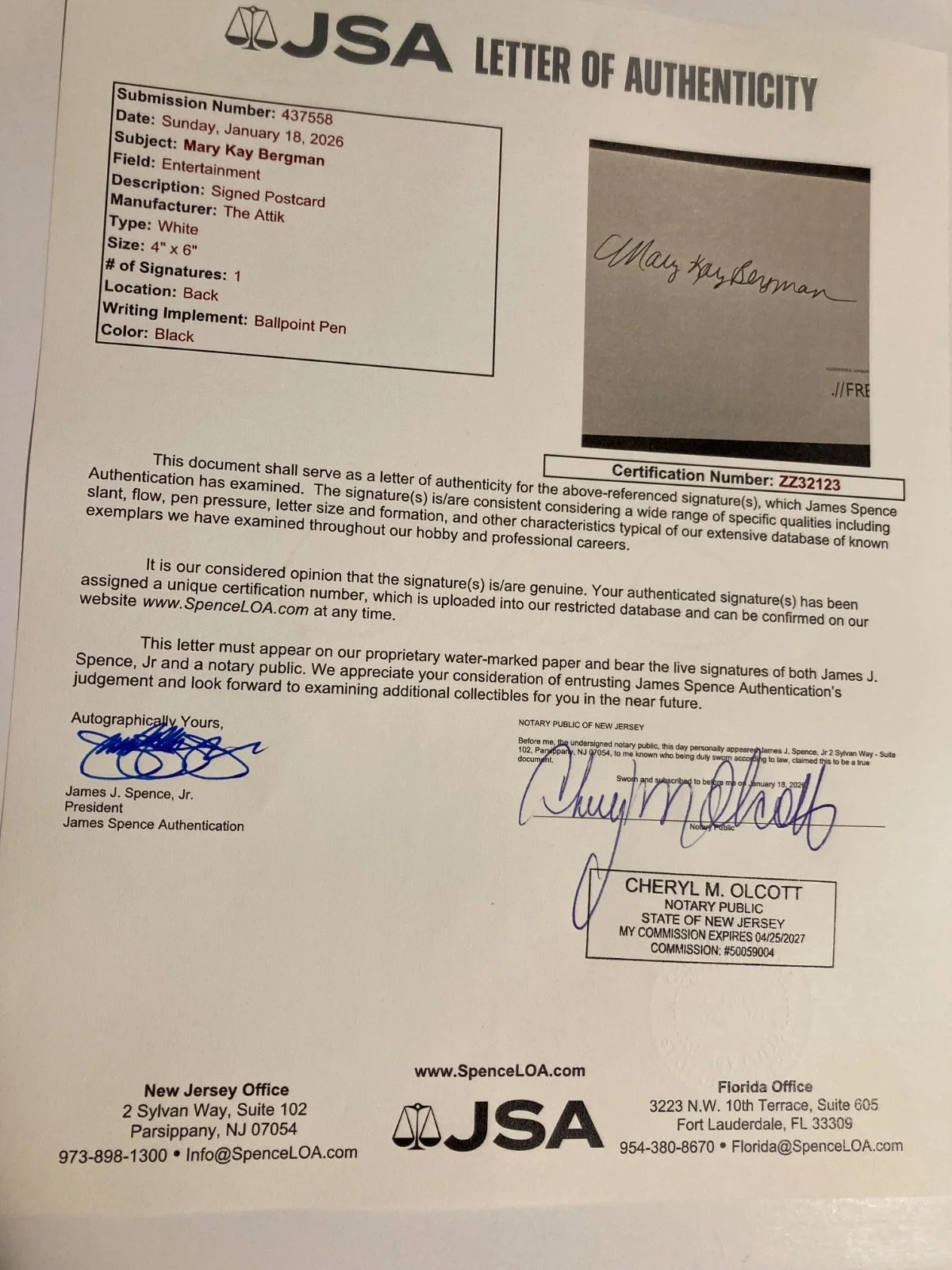MARY KAY BERGMAN — MARY KAY BERGMAN signed 4x6 card SOUTH PARK voice-over artist JSA#ZZ32123, изображение 2