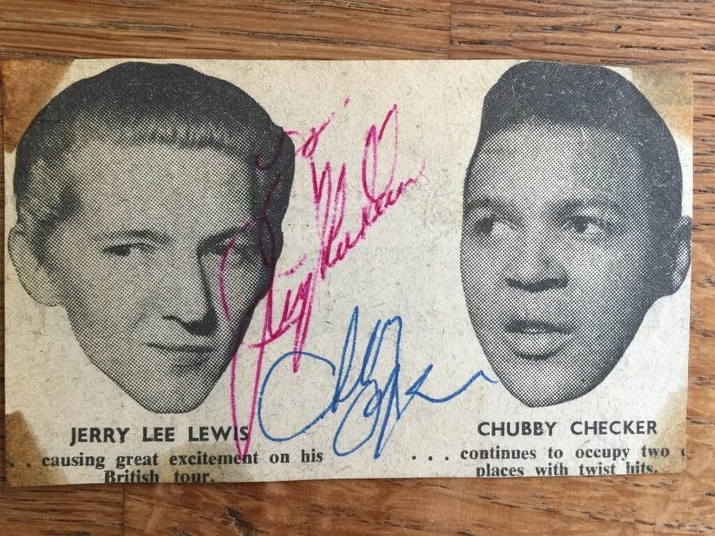 Jerry Lee Lewis and Chubby Checkers Autographed Magazine clipping, proof, image 3