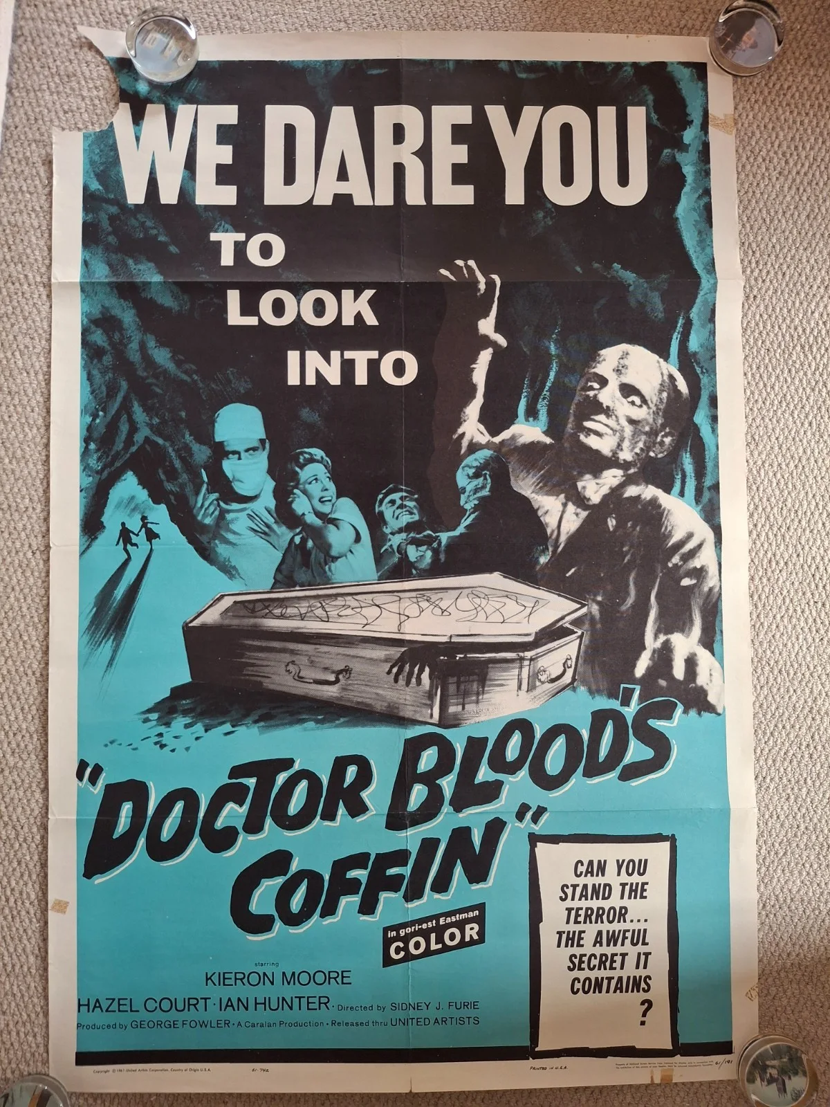 Rare & Original Doctor Blood's Coffin US One Sheet Film Cinema Movie Poster 1961, изображение 2