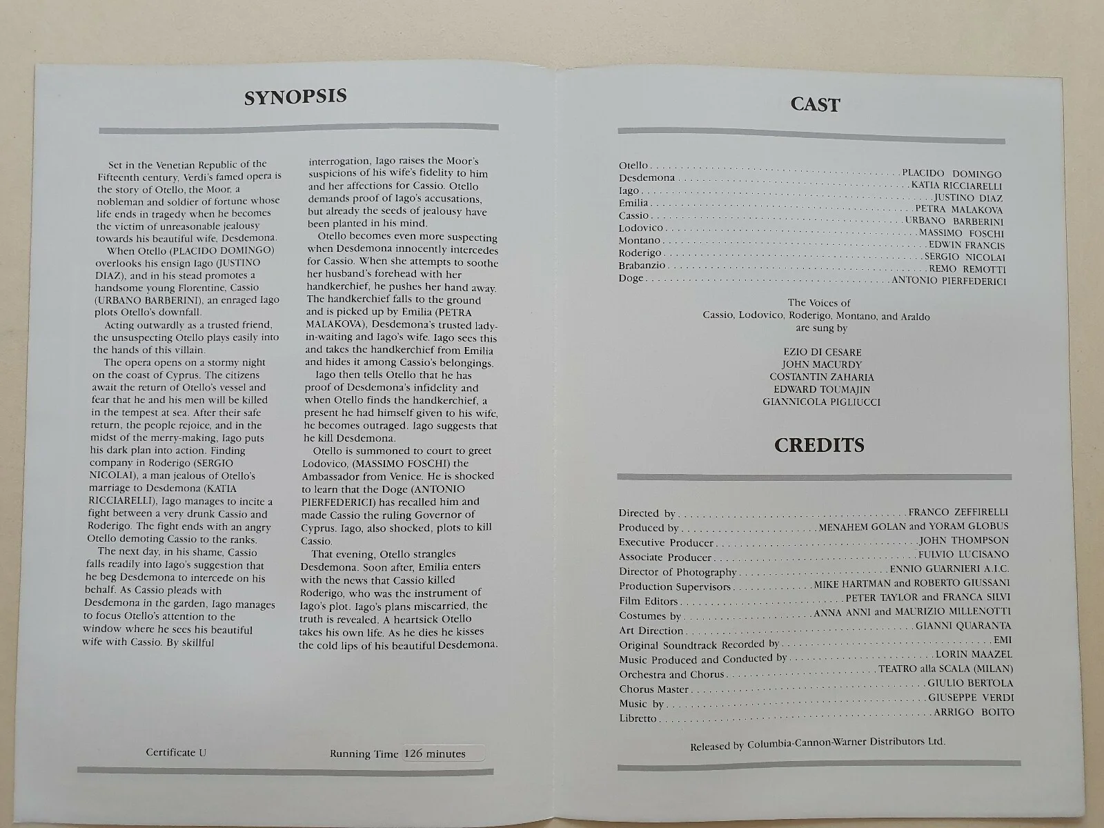 OTELLO - DOMINGO - ZEFFIRELLI - 2 VINTAGE ORIGINAL UK PRESS SYNOPSIS BOOKLETS, изображение 2